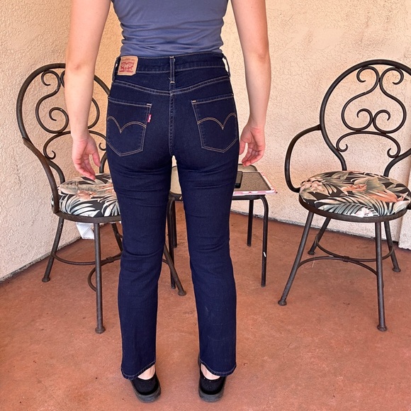 Dark Blue Women's High-Rise Straight Jeans - Picture 3 of 7